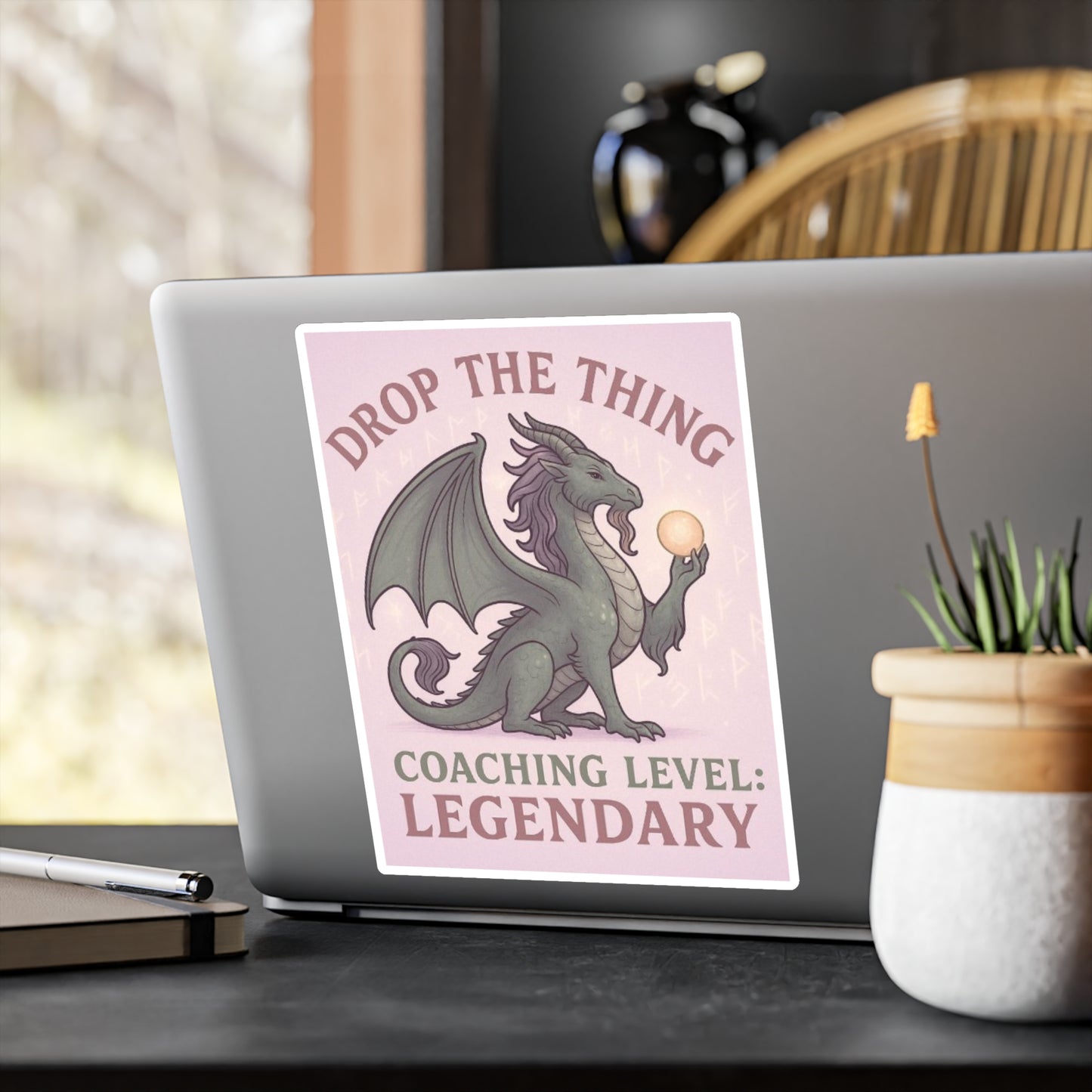 Touched & Empowered™ Leveled Up to Legendary Dragon Vinyl Decal Drop the Thing — Motivational Sticker, Inspirational Office Decor, Fantasy-Inspired Gift for Coaches & Dragon Masters Who Love Roleplay