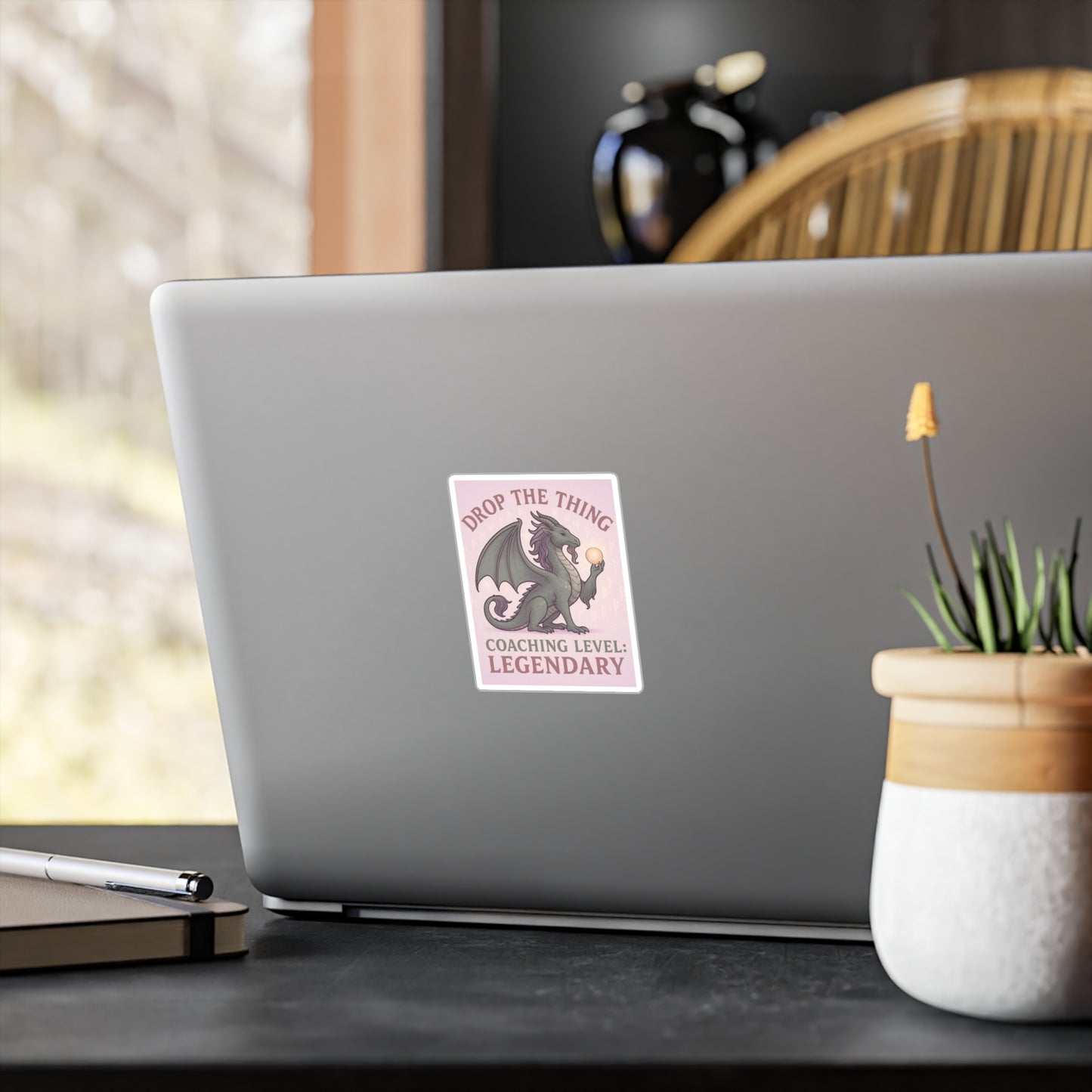 Touched & Empowered™ Leveled Up to Legendary Dragon Vinyl Decal Drop the Thing — Motivational Sticker, Inspirational Office Decor, Fantasy-Inspired Gift for Coaches & Dragon Masters Who Love Roleplay