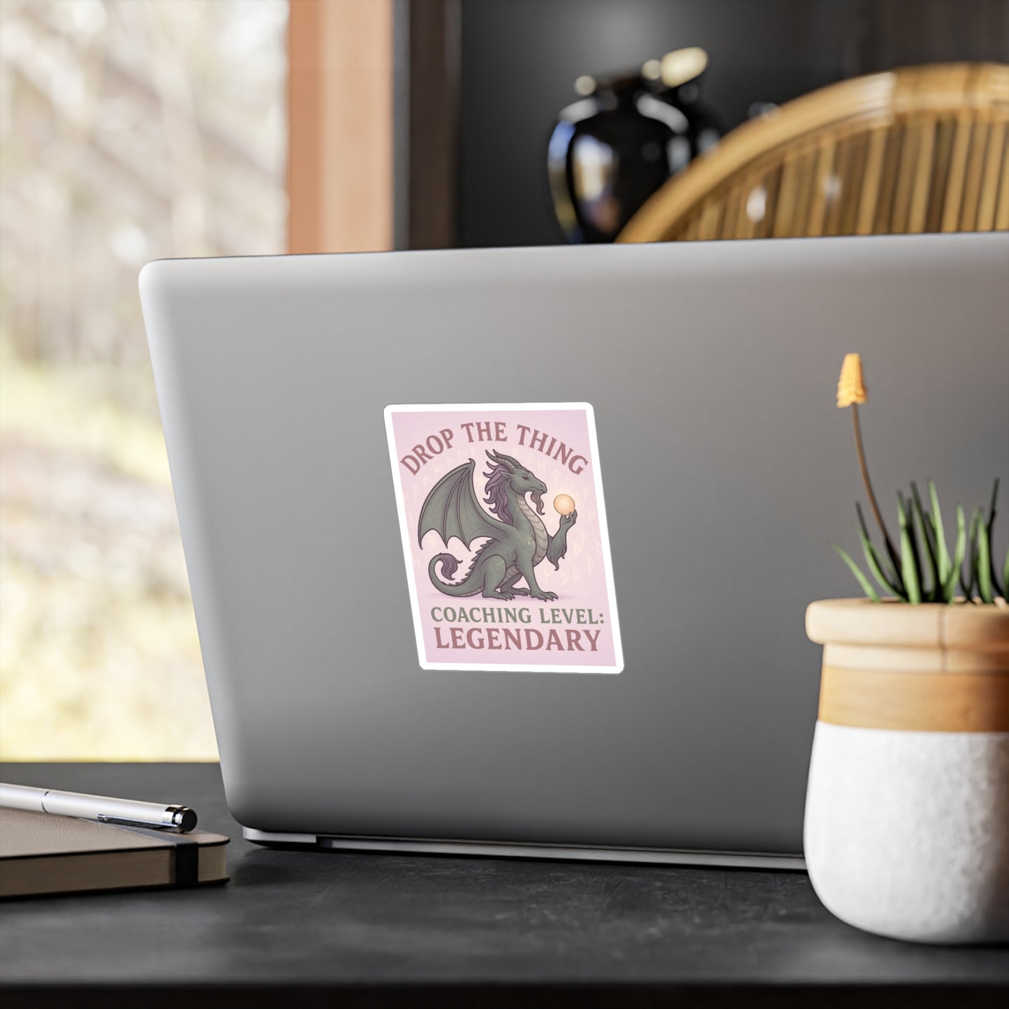Touched & Empowered™ Leveled Up to Legendary Dragon Vinyl Decal Drop the Thing — Motivational Sticker, Inspirational Office Decor, Fantasy-Inspired Gift for Coaches & Dragon Masters Who Love Roleplay