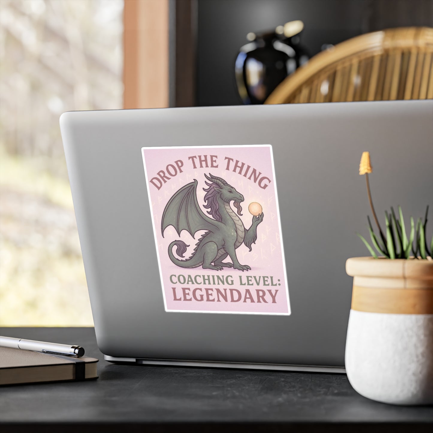 Touched & Empowered™ Leveled Up to Legendary Dragon Vinyl Decal Drop the Thing — Motivational Sticker, Inspirational Office Decor, Fantasy-Inspired Gift for Coaches & Dragon Masters Who Love Roleplay
